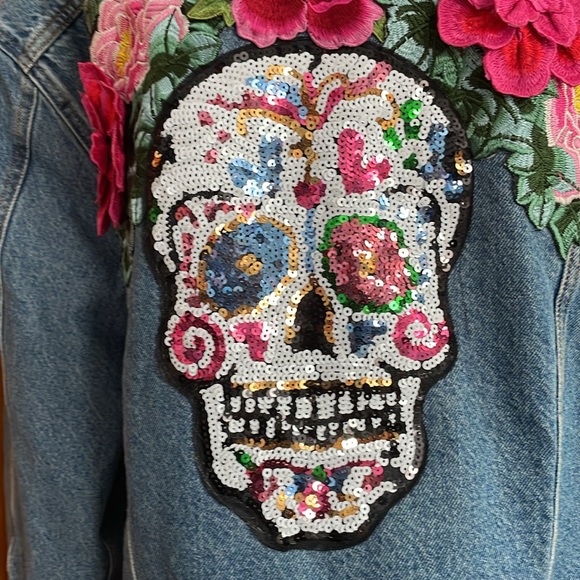 Levi Strauss Denim Sugar Skull Floral Dia de Los Muertos Sherpa Lined Jacket - Picture 7 of 13